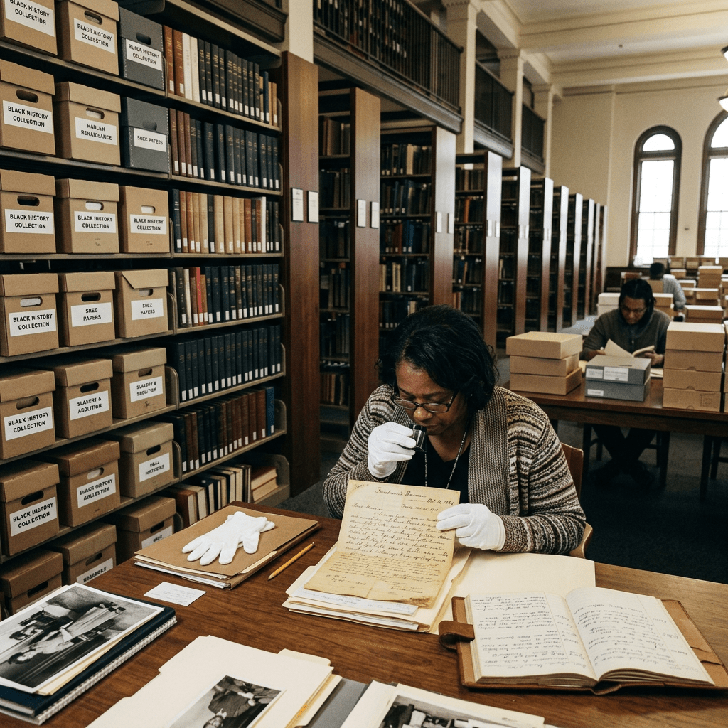 Black archives interior with historical documents